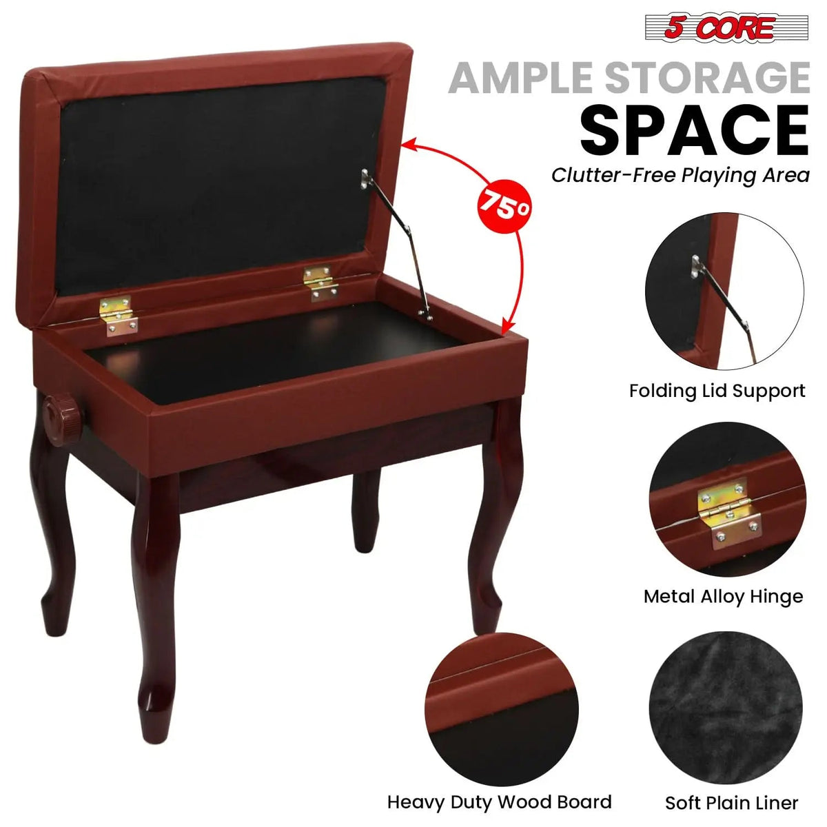 5 Core Piano Bench 3" Padded Cushioned Stool Wooden Heavy Duty Adjustable Musician Chair w Storage - HONORABLE VETERANS SOLUTIONS