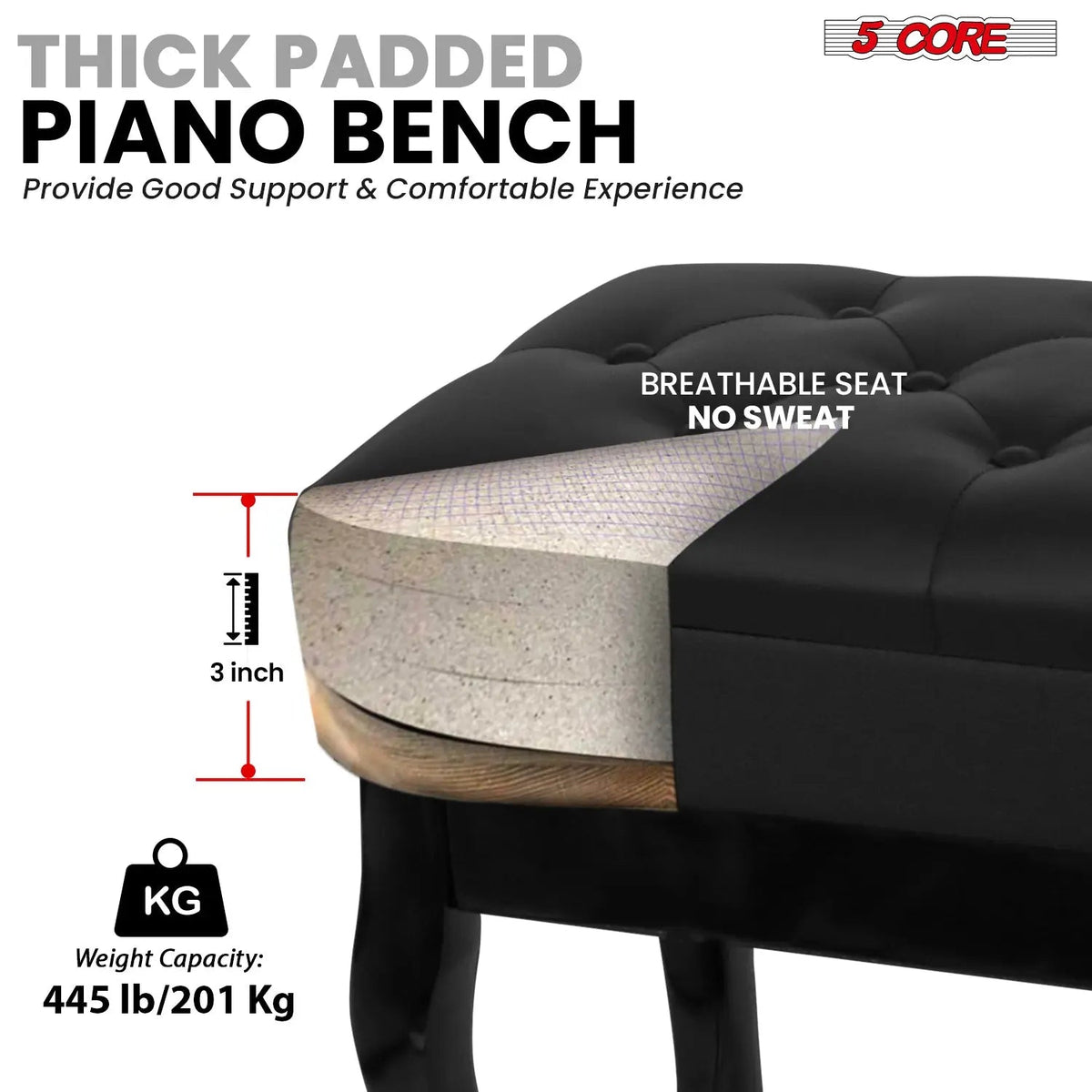 5 Core Piano Bench 3" Padded Cushioned Stool Wooden Heavy Duty Adjustable Musician Chair w Storage - HONORABLE VETERANS SOLUTIONS