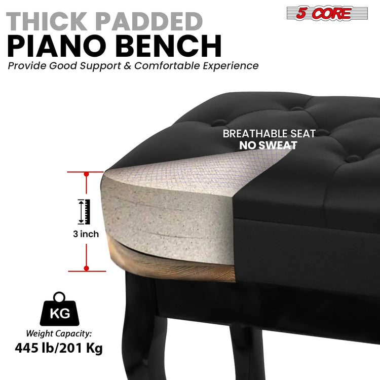 5 Core Piano Bench 3" Padded Cushioned Stool Wooden Heavy Duty Adjustable Musician Chair w Storage - HONORABLE VETERANS SOLUTIONS