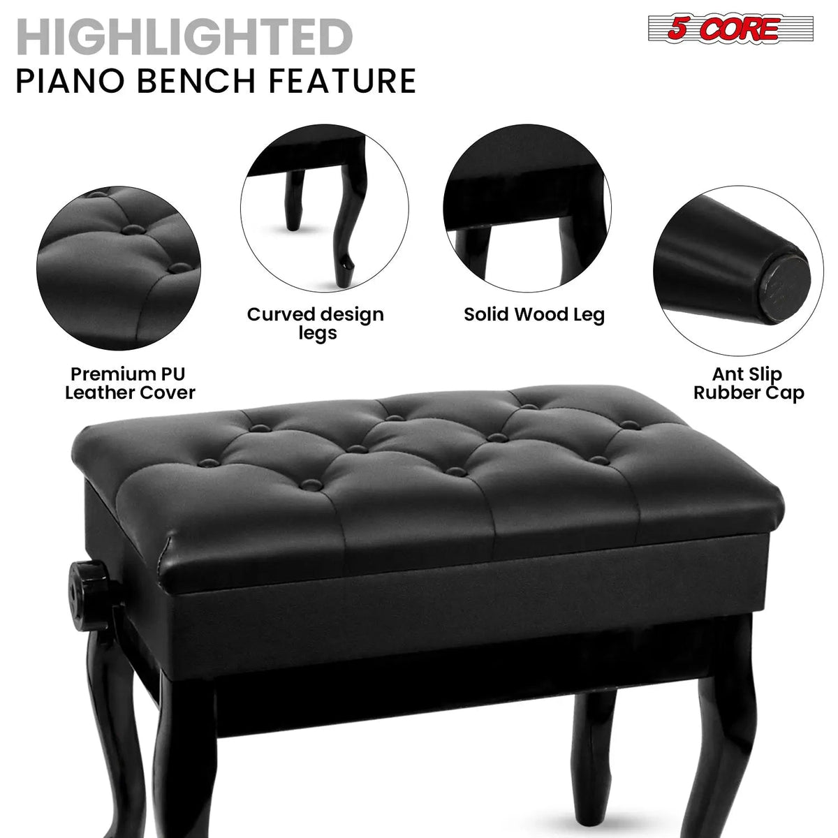 5 Core Piano Bench 3" Padded Cushioned Stool Wooden Heavy Duty Adjustable Musician Chair w Storage - HONORABLE VETERANS SOLUTIONS