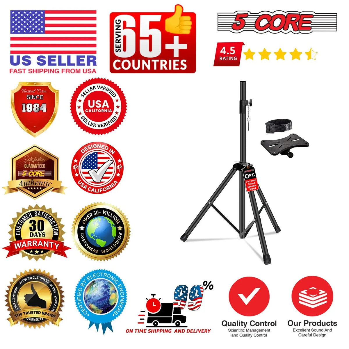 5 Core Speaker Stand Tripod Heavy Duty Adjustable 48" Universal Mount for PA DJ Studio - HONORABLE VETERANS SOLUTIONS