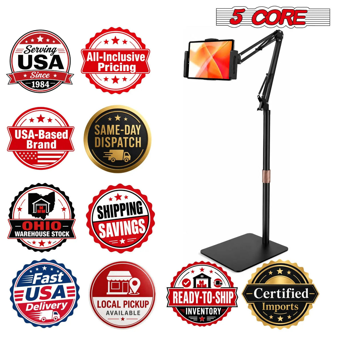 5 Core Tablet Floor Stand 360° Rotatable Adjustable Overhead Universal Bed Phone iPad Stand - HONORABLE VETERANS SOLUTIONS