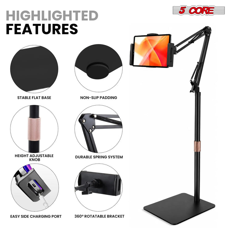 5 Core Tablet Floor Stand 360° Rotatable Adjustable Overhead Universal Bed Phone iPad Stand - HONORABLE VETERANS SOLUTIONS