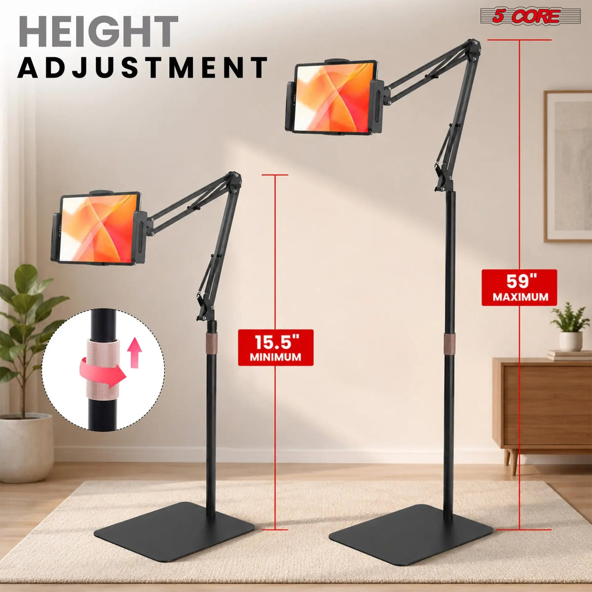 5 Core Tablet Floor Stand 360° Rotatable Adjustable Overhead Universal Bed Phone iPad Stand - HONORABLE VETERANS SOLUTIONS