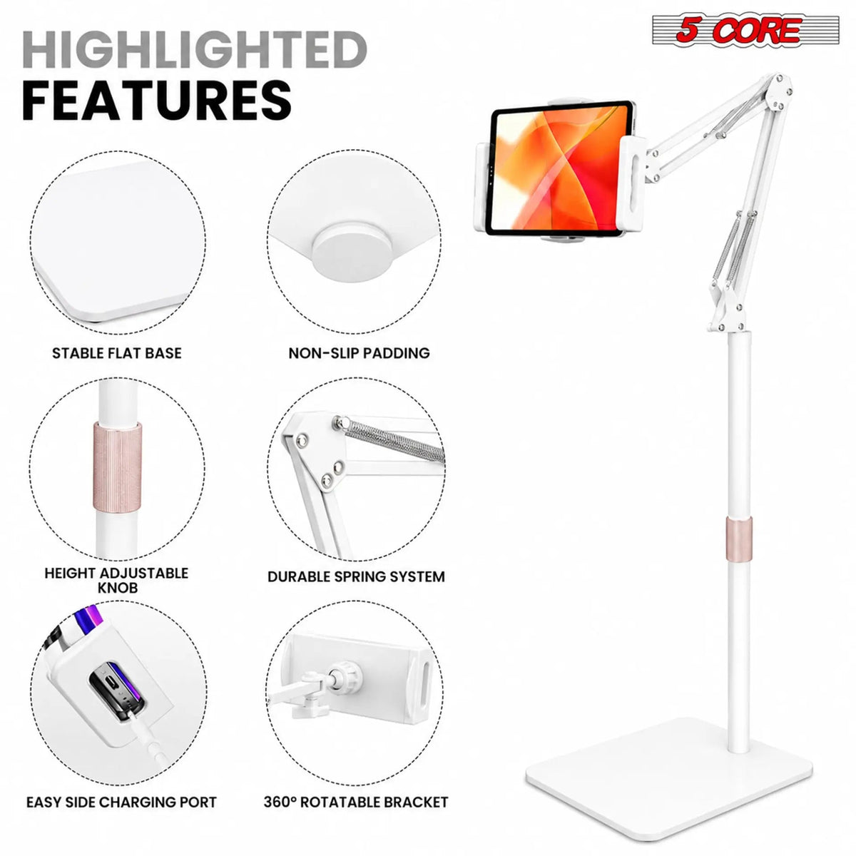 5 Core Tablet Floor Stand 360° Rotatable Adjustable Overhead Universal Bed Phone iPad Stand - HONORABLE VETERANS SOLUTIONS