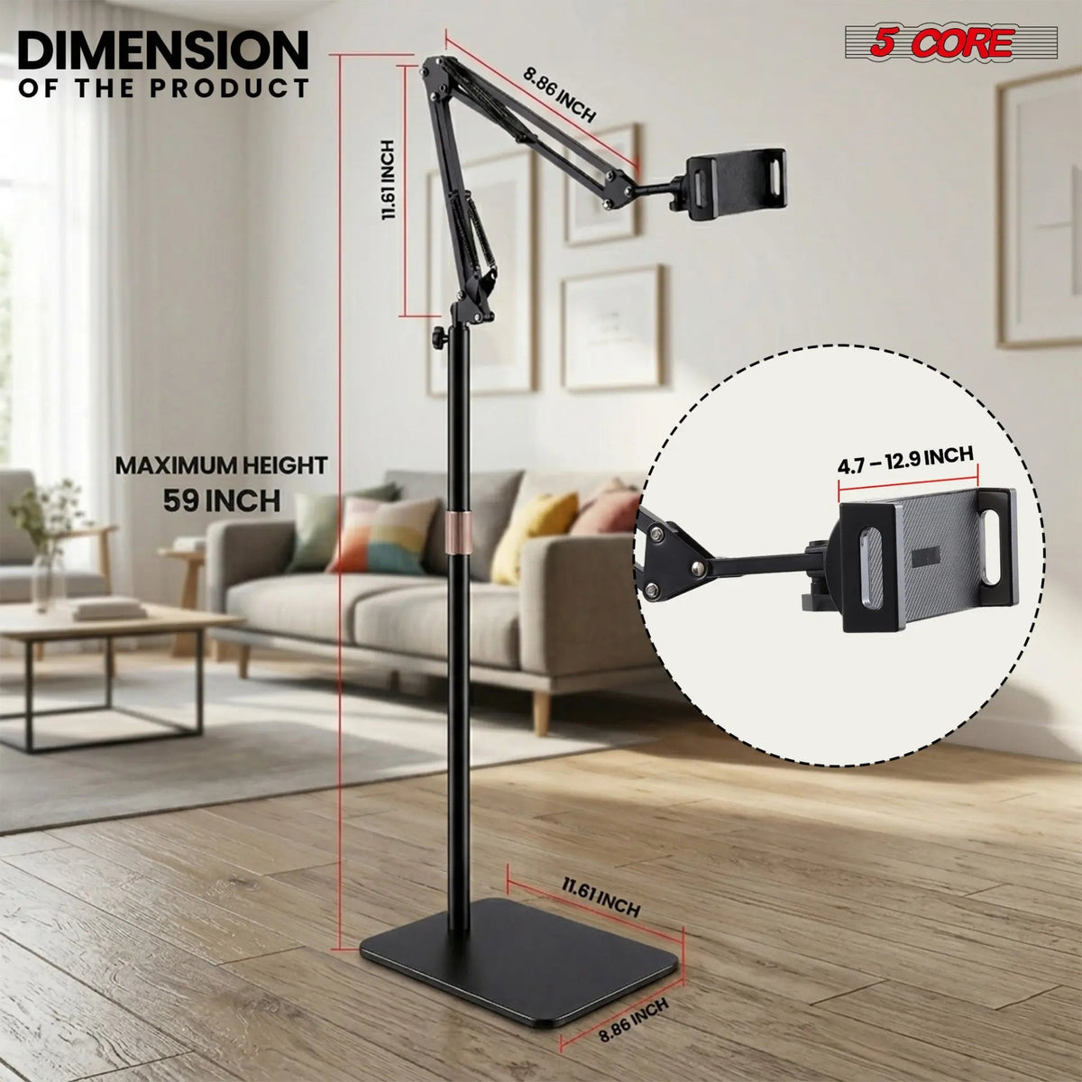 5 Core Tablet Floor Stand 360° Rotatable Adjustable Overhead Universal Bed Phone iPad Stand - HONORABLE VETERANS SOLUTIONS