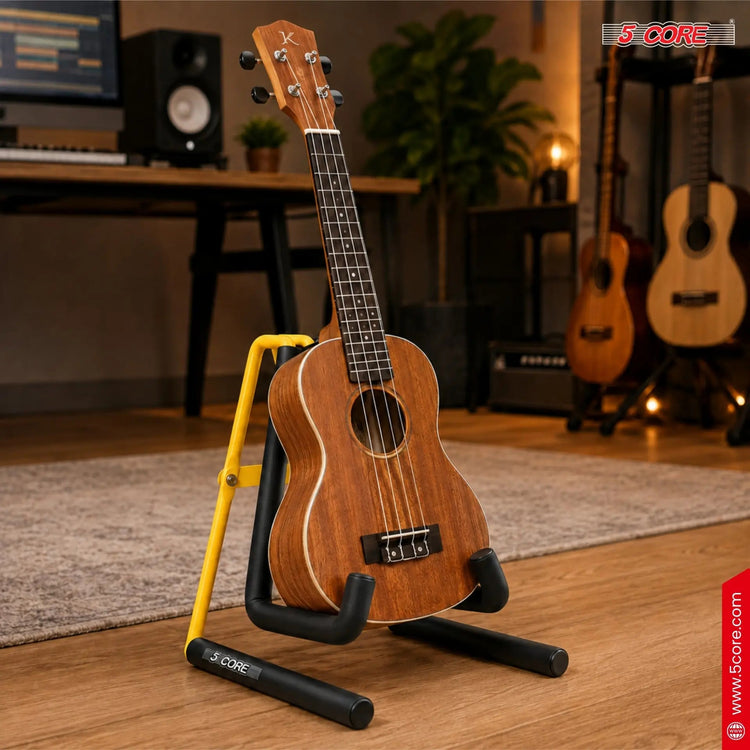 5 Core Ukulele Stand A Frame Metal Body w Soft Padded Arms Support Banjo Ukuleles Mini Guitar Violin Yellow - HONORABLE VETERANS SOLUTIONS