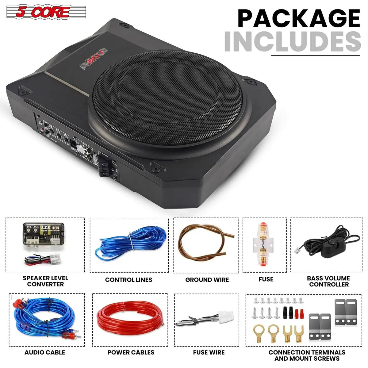 5Core 10 inch Slim Under Seat Car Audio Subwoofer 800W Built in Amplifier Sub Woofer Enclosure Box - HONORABLE VETERANS SOLUTIONS