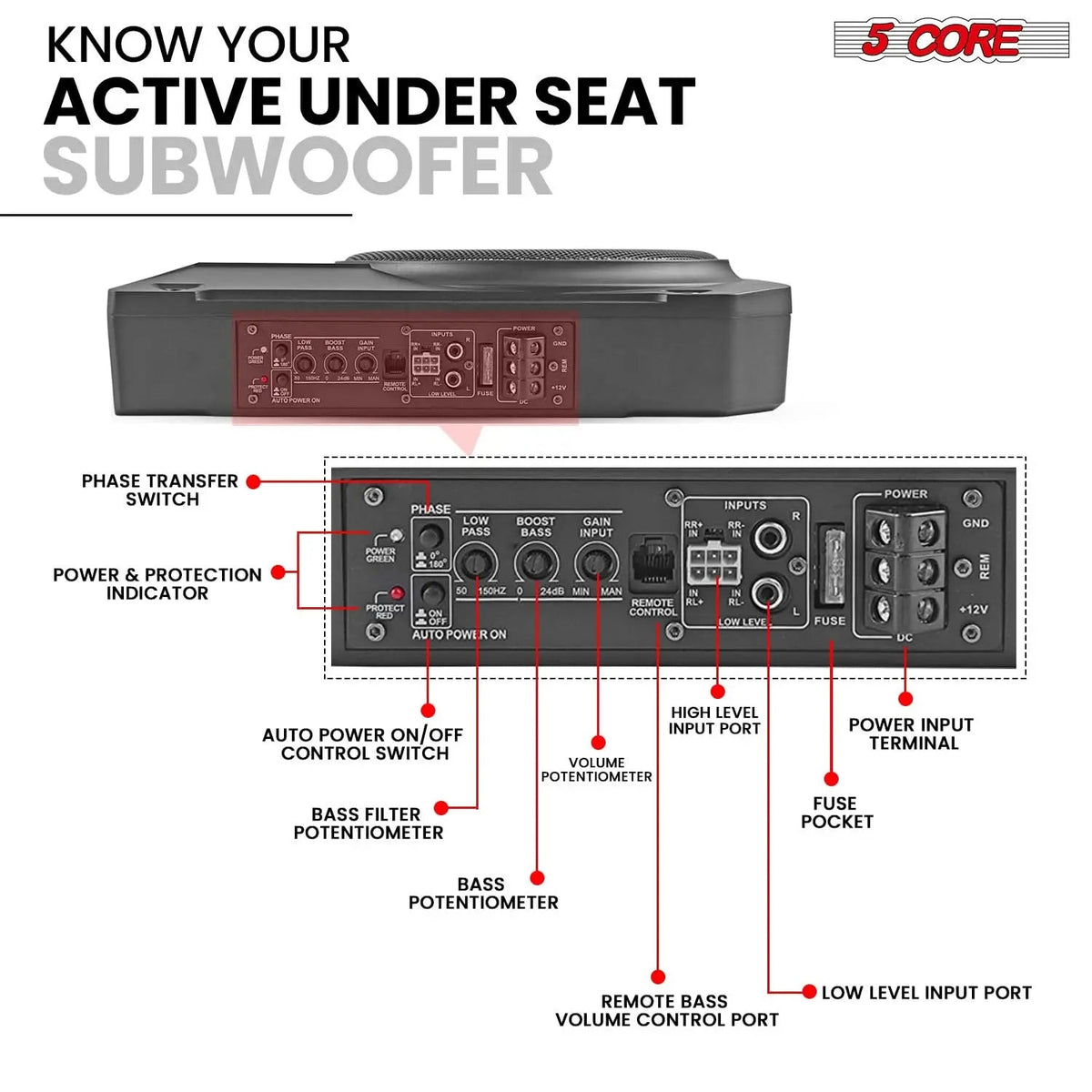 5Core 10 inch Slim Under Seat Car Audio Subwoofer 800W Built in Amplifier Sub Woofer Enclosure Box - HONORABLE VETERANS SOLUTIONS