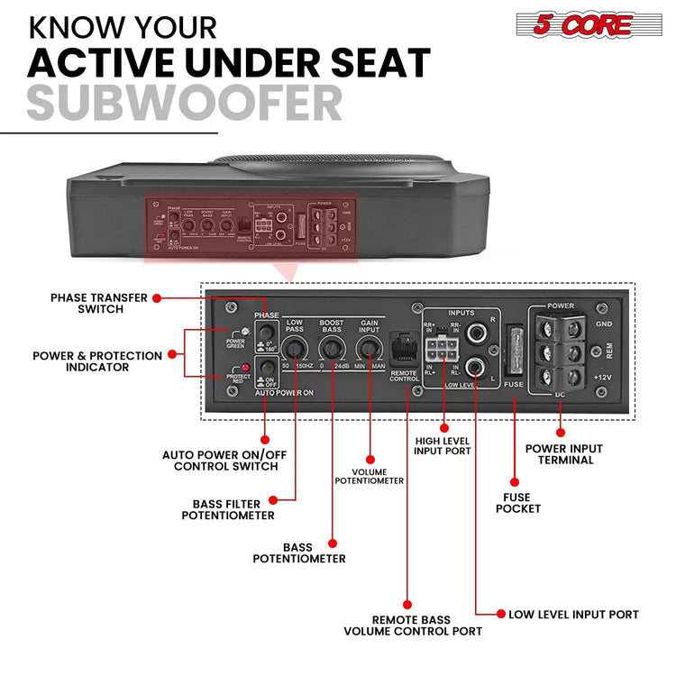 5Core 10 inch Slim Under Seat Car Audio Subwoofer 800W Built in Amplifier Sub Woofer Enclosure Box - HONORABLE VETERANS SOLUTIONS