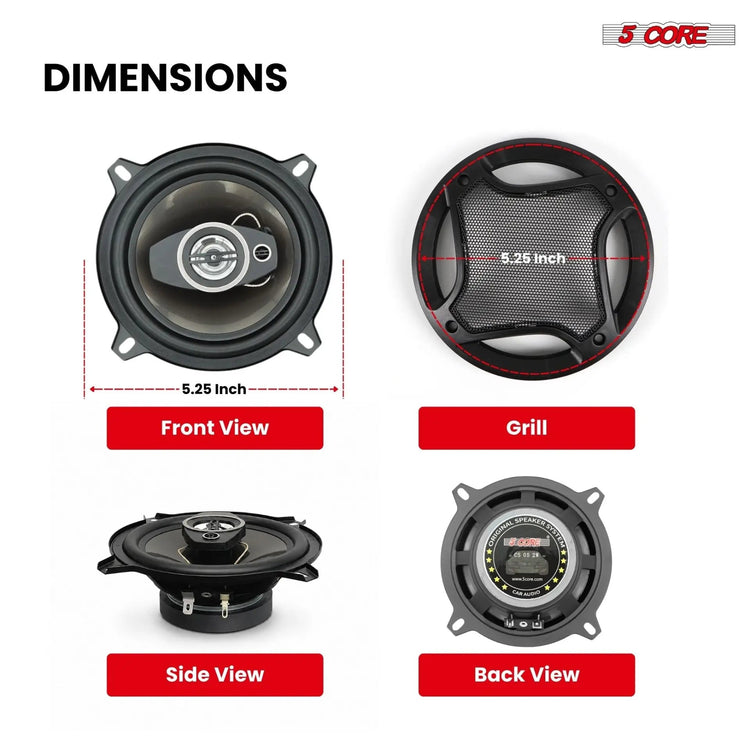 5Core Coaxial Car Door Speakers 5.25” 2Pair 350W 4Ohm 2 Way Component Subwoofer Audio w Super Tweeter - HONORABLE VETERANS SOLUTIONS