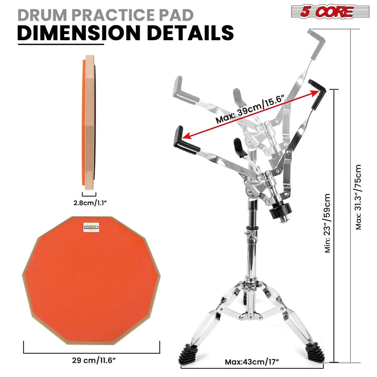 5Core Drum Practice Pad Set 12" Snare Drumming Stand Double Sided Silent Drummer Kit - HONORABLE VETERANS SOLUTIONS