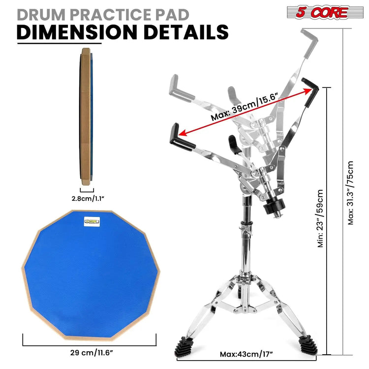5Core Drum Practice Pad Set 12" Snare Drumming Stand Double Sided Silent Drummer Kit - HONORABLE VETERANS SOLUTIONS