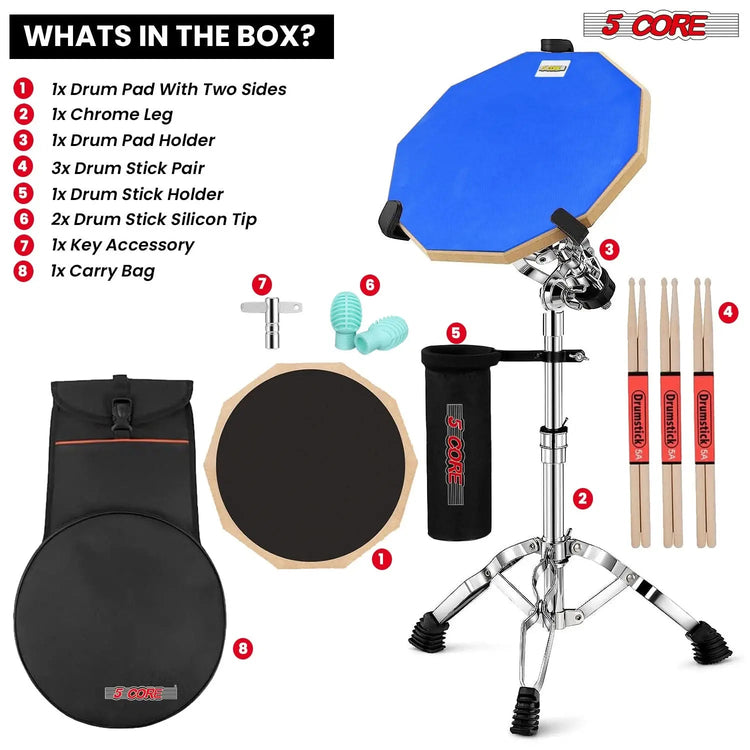 5Core Drum Practice Pad Set 12" Snare Drumming Stand Double Sided Silent Drummer Kit - HONORABLE VETERANS SOLUTIONS