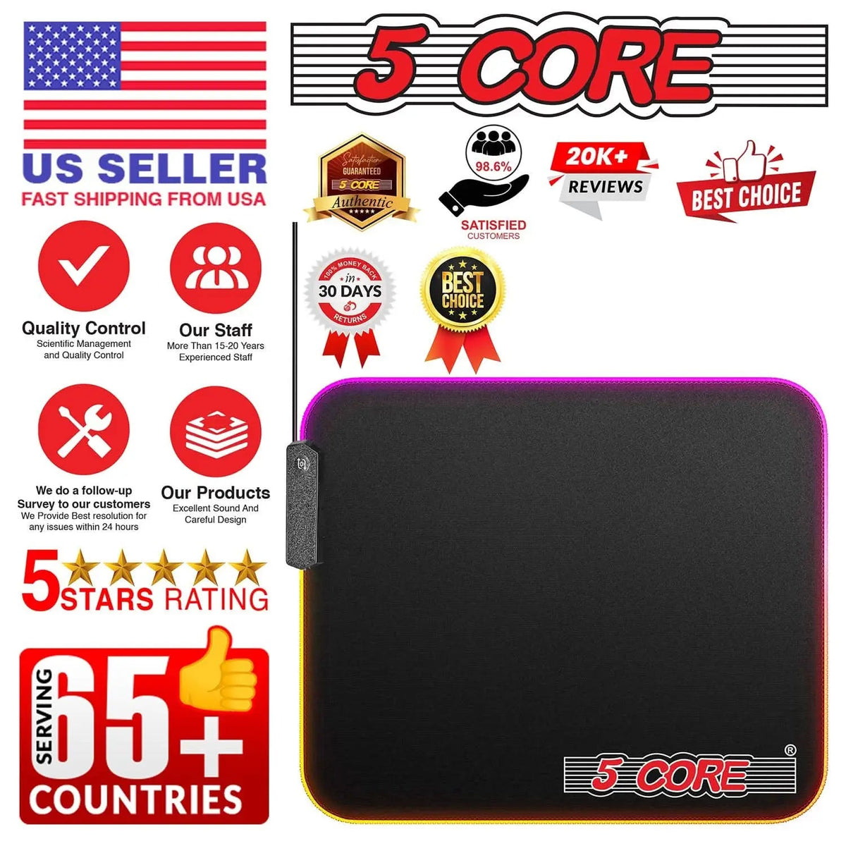 5Core Gaming Mouse Pad RGB 12 Light Modes 2 Zone Desk Mouse Mat w Rubber Base - HONORABLE VETERANS SOLUTIONS