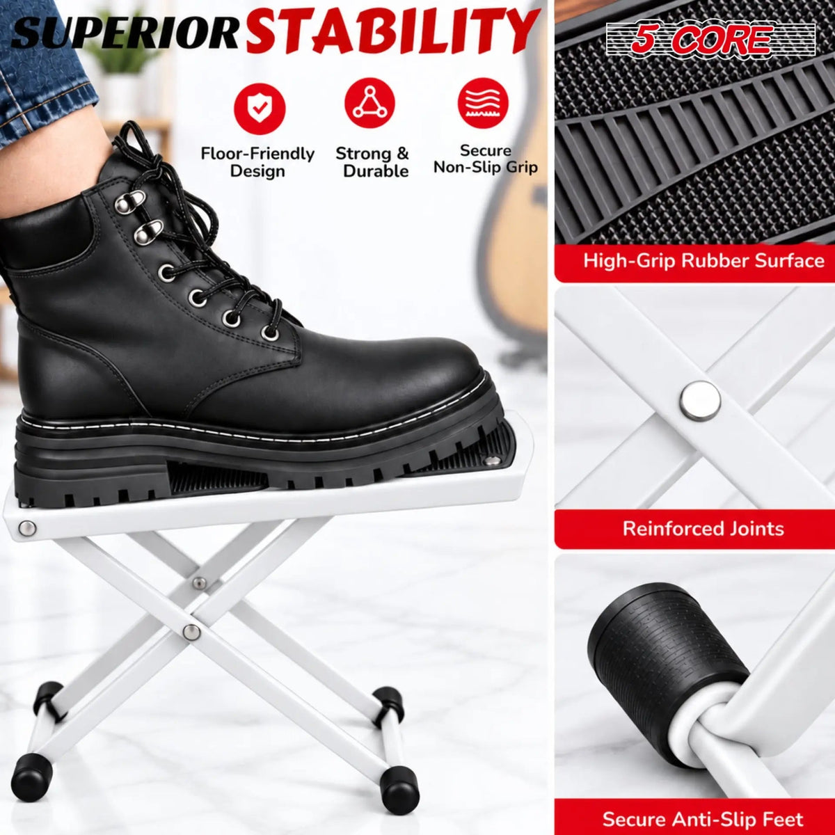5Core Guitar Foot Stool Height Adjustable Folding Leg Rest Classical Footrest - HONORABLE VETERANS SOLUTIONS