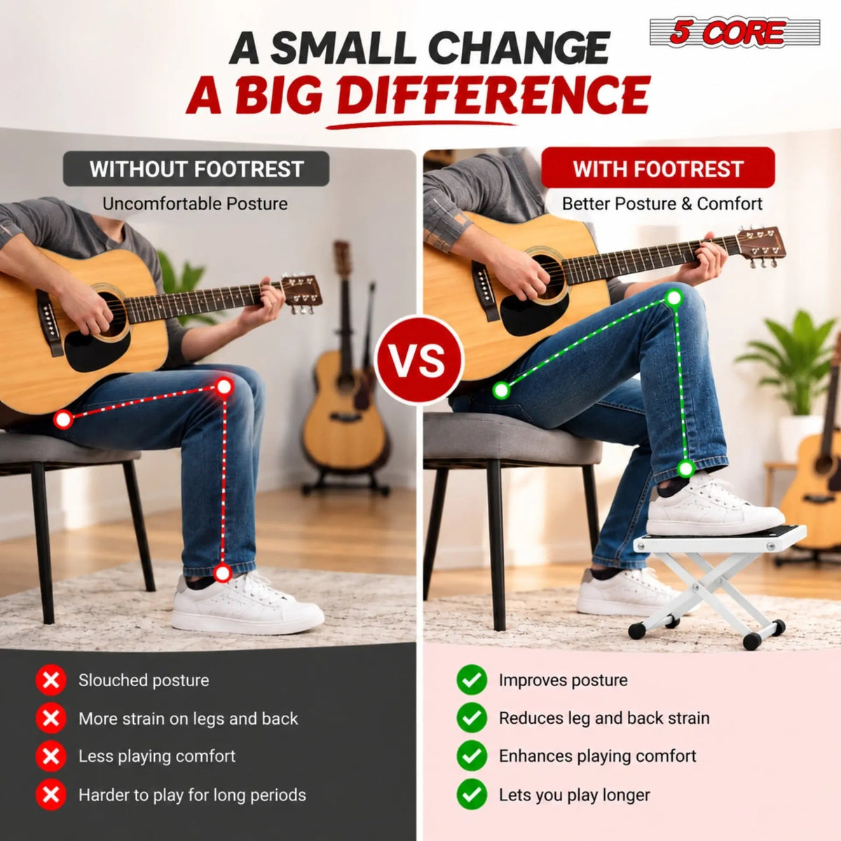 5Core Guitar Foot Stool Height Adjustable Folding Leg Rest Classical Footrest - HONORABLE VETERANS SOLUTIONS