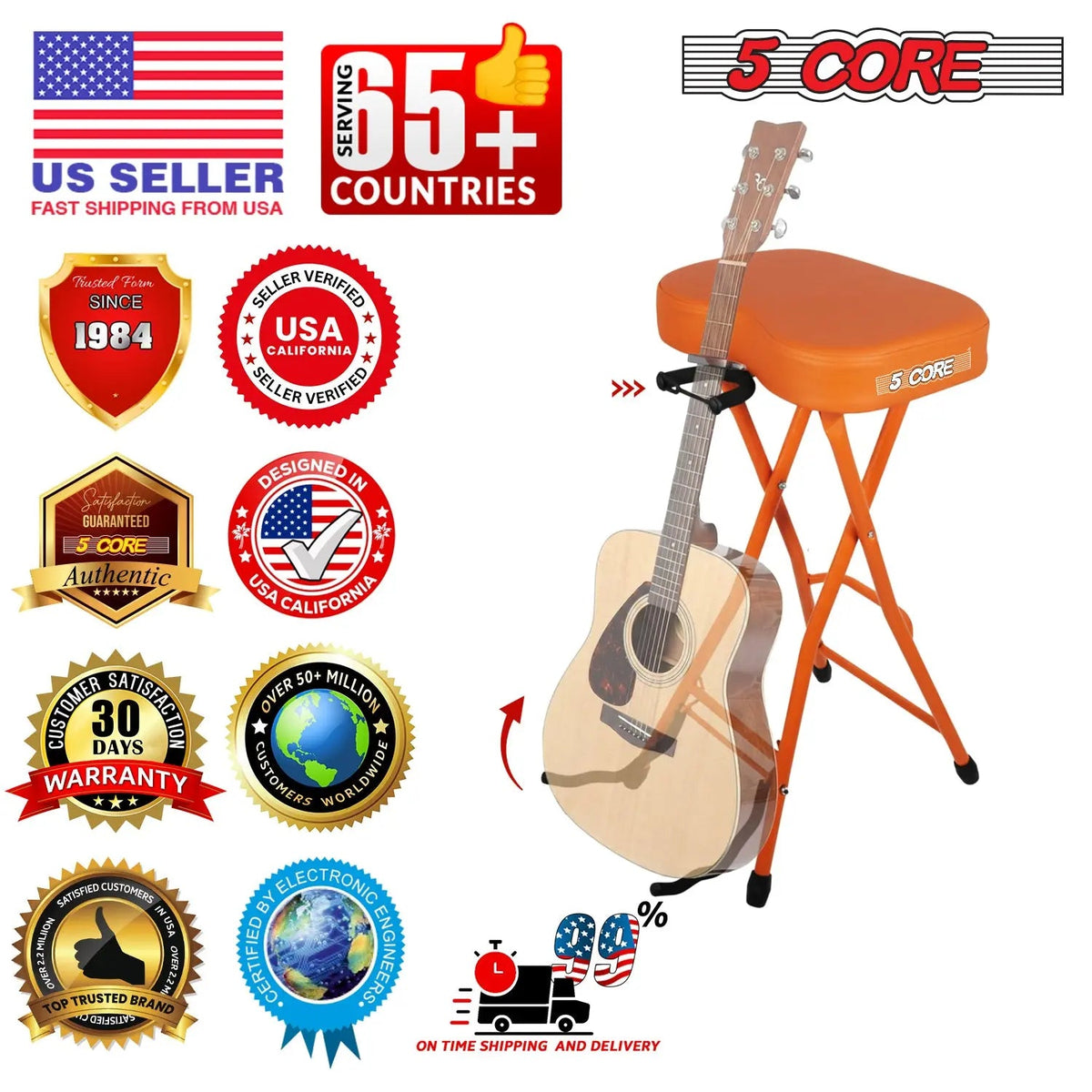5Core Guitar Stool 3.15" Padded Chair Foldable Heavy Duty Music Seat Built in Foot Rest Guitar Stand - HONORABLE VETERANS SOLUTIONS