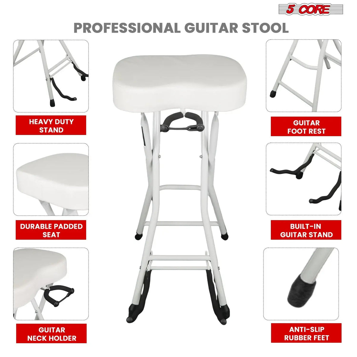 5Core Guitar Stool 3.15" Padded Chair Foldable Heavy Duty Music Seat Built in Foot Rest Guitar Stand - HONORABLE VETERANS SOLUTIONS