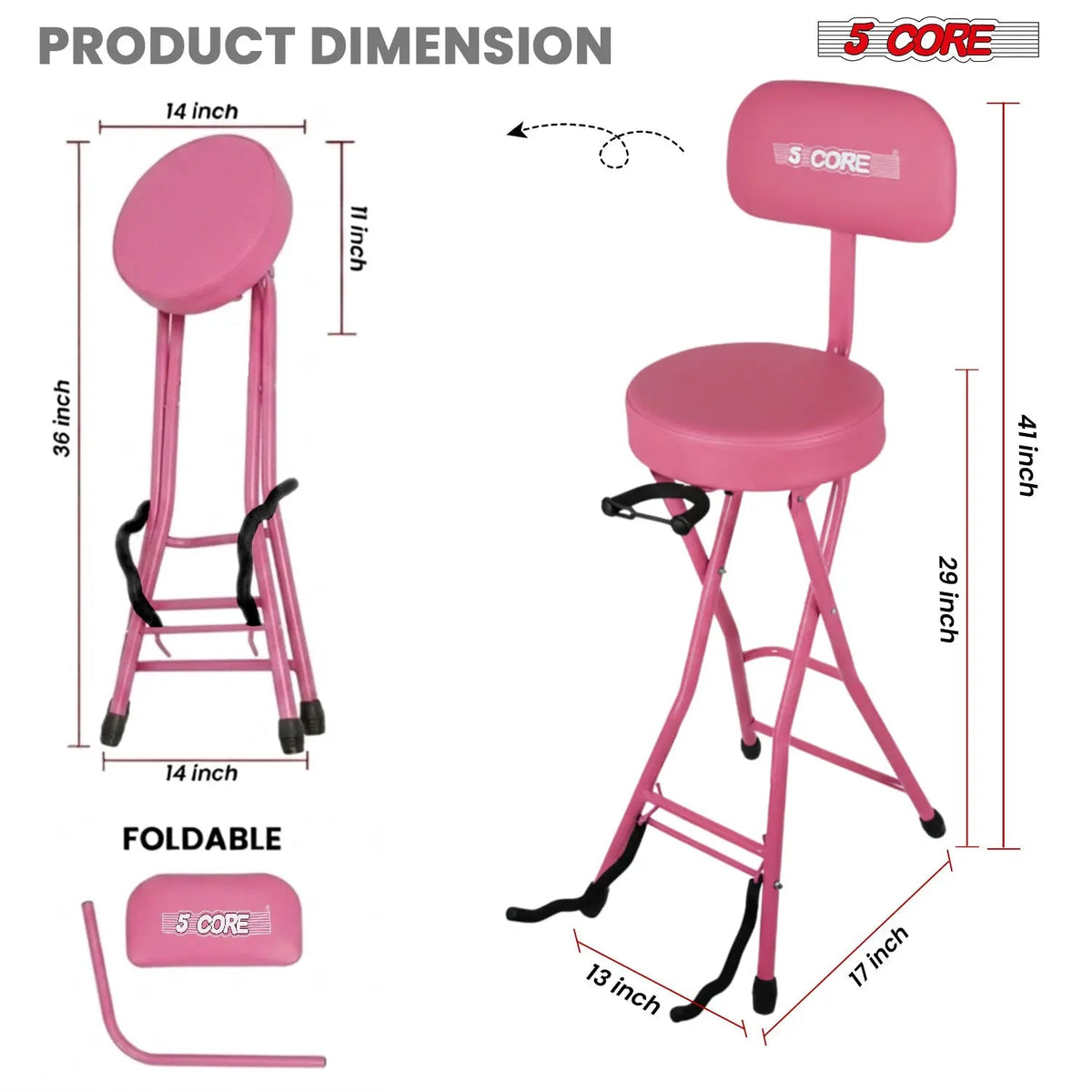 5Core Guitar Stool 3.15" Padded Chair w Backrest Foldable Music Seat Built in Foot Rest Guitar Stand - HONORABLE VETERANS SOLUTIONS