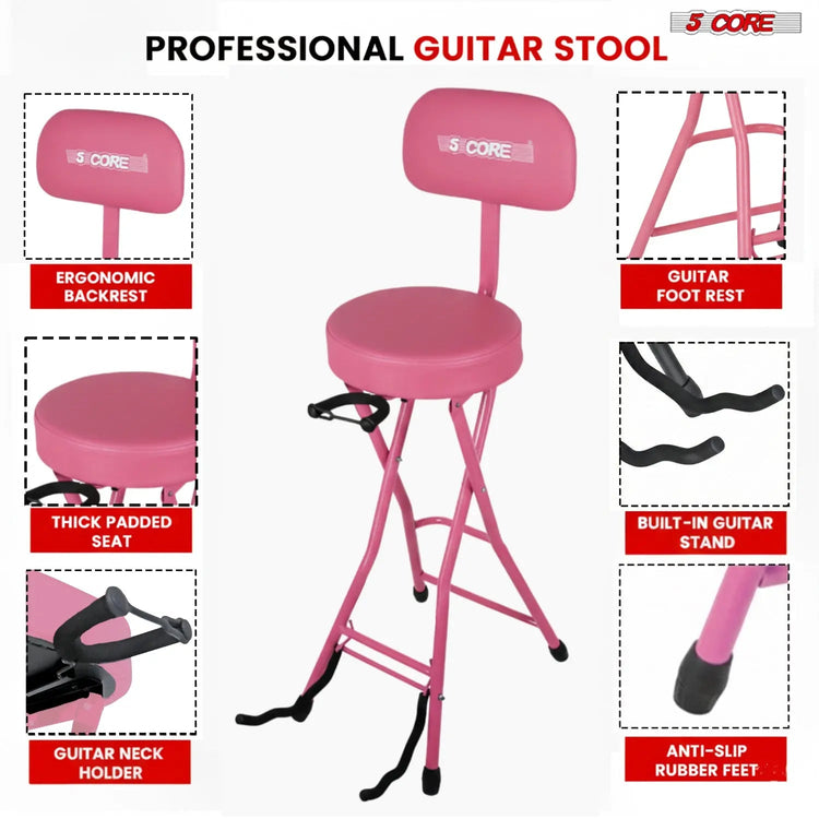 5Core Guitar Stool 3.15" Padded Chair w Backrest Foldable Music Seat Built in Foot Rest Guitar Stand - HONORABLE VETERANS SOLUTIONS