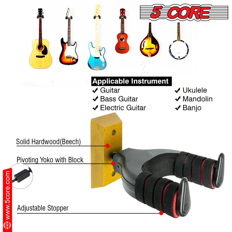 5Core Guitar Wall Mount Hanger Adjustable Display Wall Hook Holder Hard Wood Base - HONORABLE VETERANS SOLUTIONS