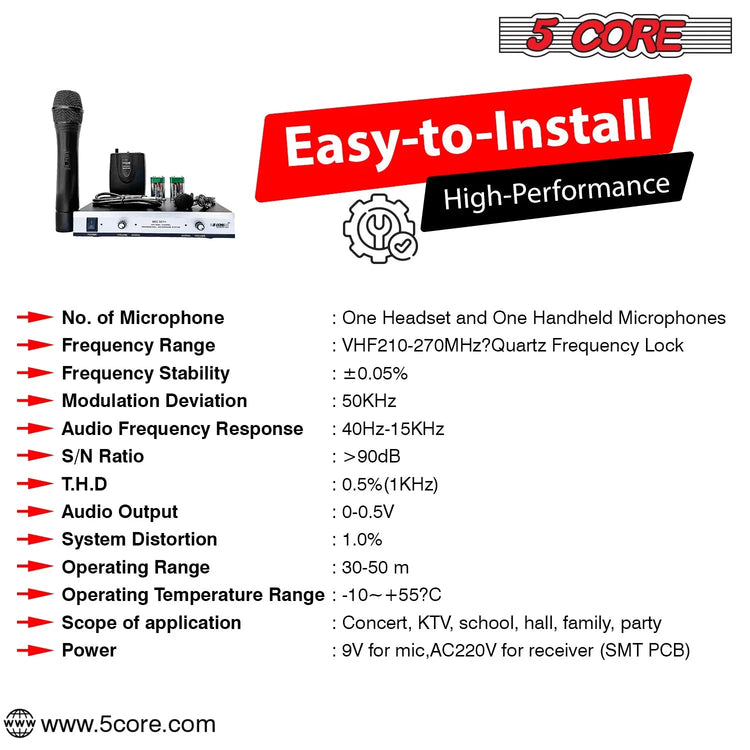 5Core Wireless Microphones w 2 Headset Portable Mini Microfono Inalambricos + Receiver 165ft Range - HONORABLE VETERANS SOLUTIONS
