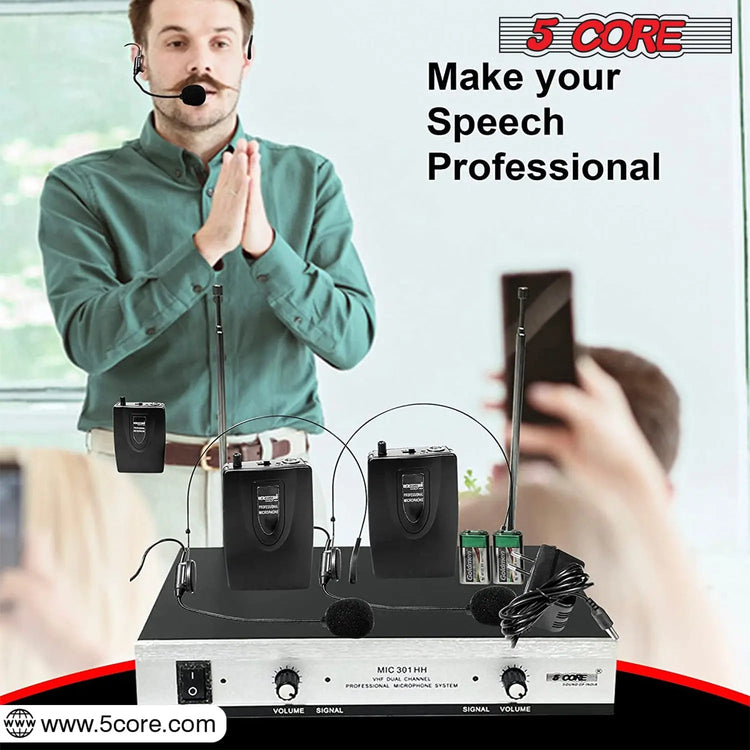 5Core Wireless Microphones w 2 Headset Portable Mini Microfono Inalambricos + Receiver 165ft Range - HONORABLE VETERANS SOLUTIONS
