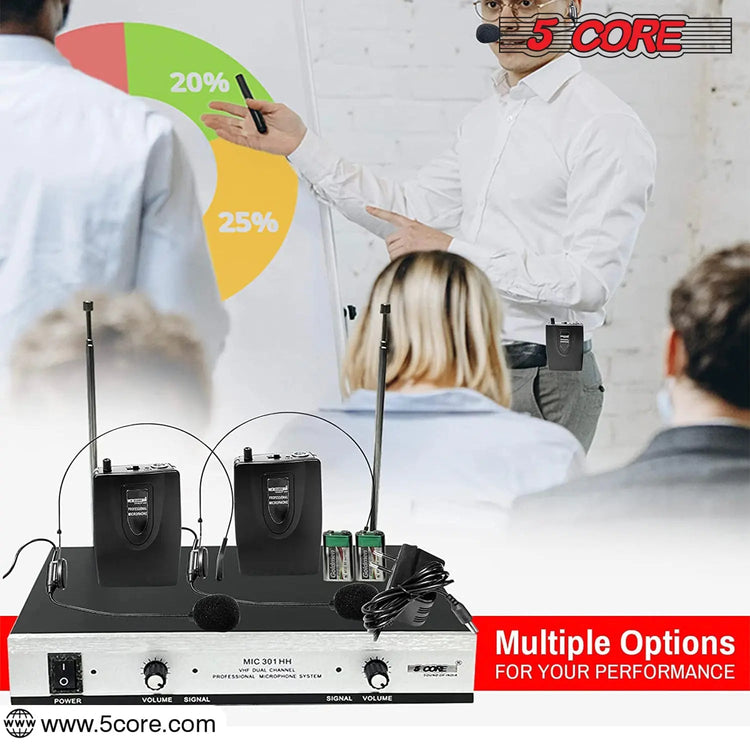 5Core Wireless Microphones w 2 Headset Portable Mini Microfono Inalambricos + Receiver 165ft Range - HONORABLE VETERANS SOLUTIONS