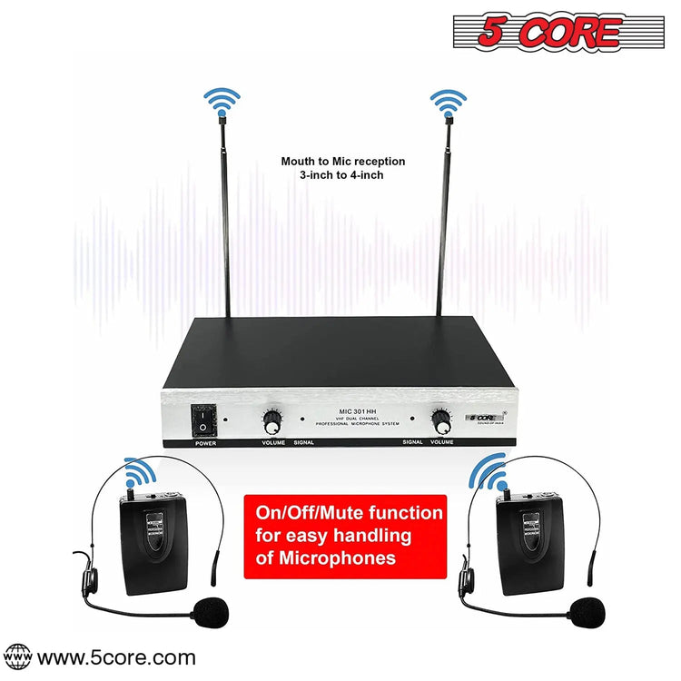5Core Wireless Microphones w 2 Headset Portable Mini Microfono Inalambricos + Receiver 165ft Range - HONORABLE VETERANS SOLUTIONS
