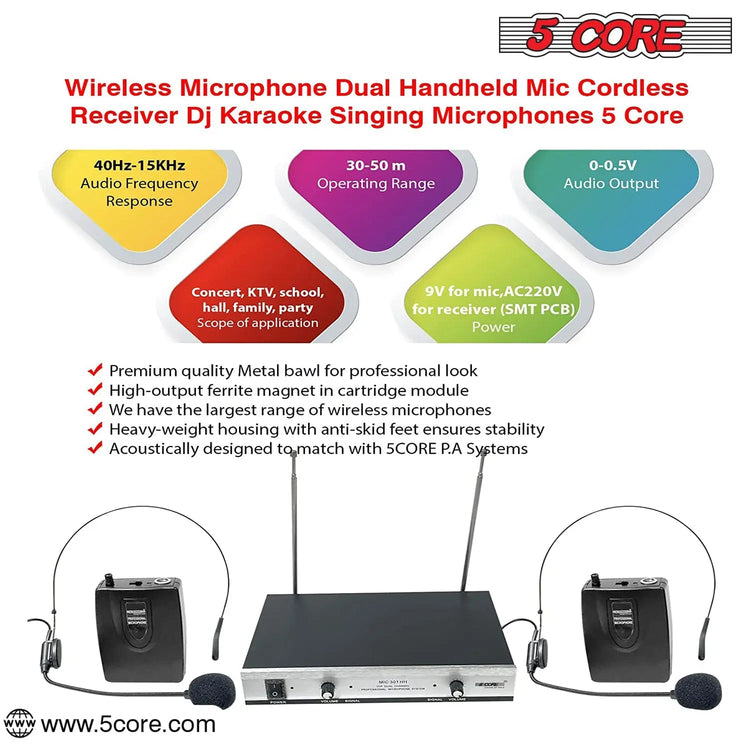 5Core Wireless Microphones w 2 Headset Portable Mini Microfono Inalambricos + Receiver 165ft Range - HONORABLE VETERANS SOLUTIONS