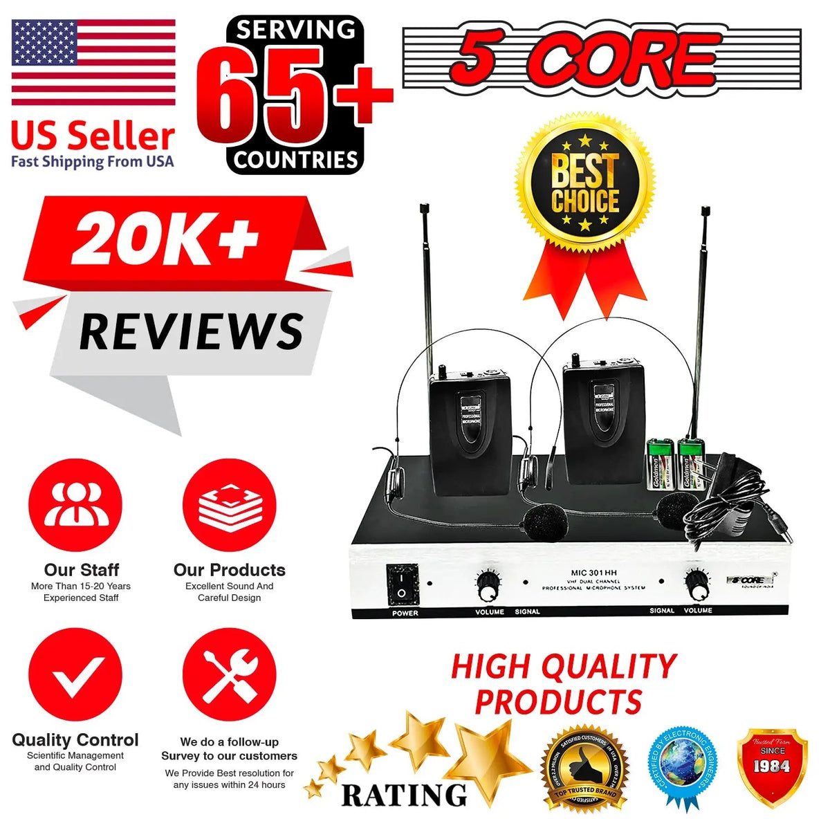 5Core Wireless Microphones w 2 Headset Portable Mini Microfono Inalambricos + Receiver 165ft Range - HONORABLE VETERANS SOLUTIONS