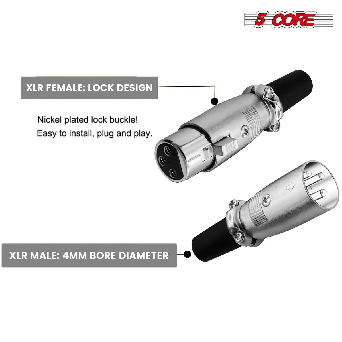 5Core XLR Connector Male Female to 1/4 Audio Jack 3 Pin Secure Mic Plug w Locking Ends - HONORABLE VETERANS SOLUTIONS