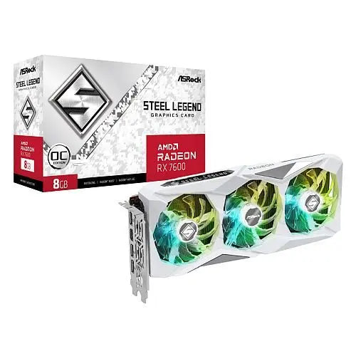 Asrock RX7600 Steel Legend 8GB OC, PCIe4, 8GB DDR6, HDMI, 3 DP, 2725MHz Clock, Overclocked, RGB, White - HONORABLE VETERANS SOLUTIONS