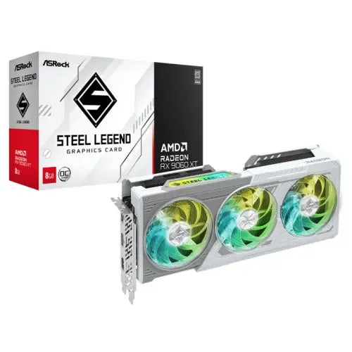 Asrock RX9060 XT Steel Legend 8GB OC, PCIe5, 8GB DDR6, HDMI, 2 DP, 3320MHz Clock, RGB, Overclocked, White - HONORABLE VETERANS SOLUTIONS