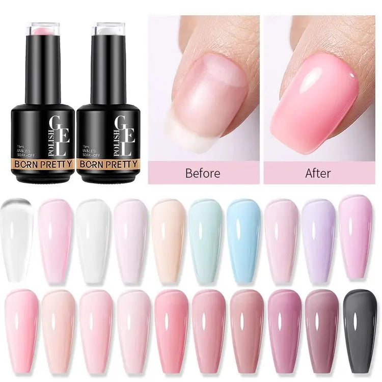 BORN PRETTY 15ml Milky Pink Rubber Base Gel Nail Polish Glitter Semi-Permanent Varnish Soak Off Self Leveling UV LED Polish - HONORABLE VETERANS SOLUTIONS