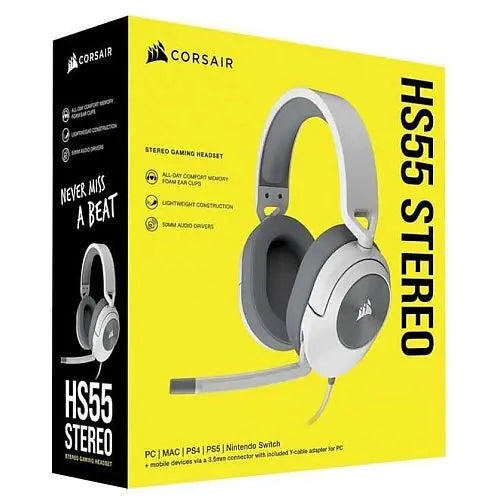 Corsair HS55 Stereo Gaming Headset, 3.5mm Jack, Lightweight, Flip-To-Mute Mic, Memory Foam Earpads, White - HONORABLE VETERANS SOLUTIONS