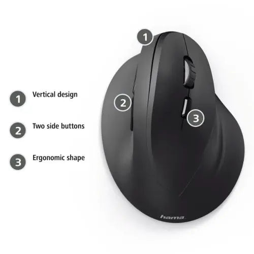 Hama Vertical Ergonomic EMC-500 Wired Optical Mouse, 6 Buttons, 1000-1800 DPI, Black *Right Handed version* - HONORABLE VETERANS SOLUTIONS