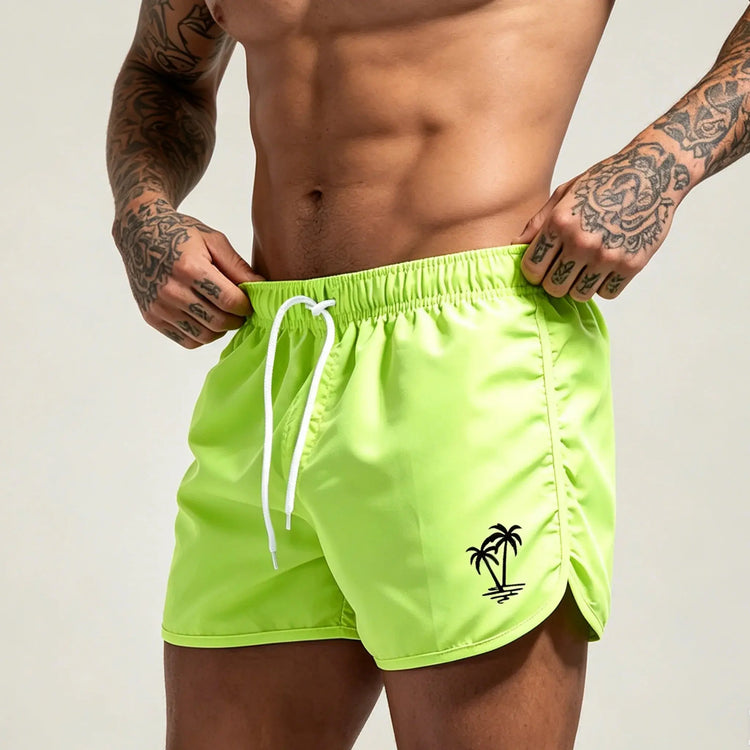 Men's beach pants, casual quick-drying shorts Neon Green Coconut Tree Print Drawstring Swim Trunks Running Sports Shorts-H2 - HONORABLE VETERANS SOLUTIONS