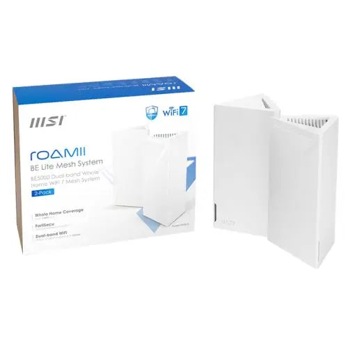MSI (MRBE50-2PK) BE5000 Dual Band Roamii BE Lite Mesh Wi-Fi 7 System, 2 Pack, 2.5G Port, MLO, 4K-QAM, MU-MIMO, Flexible Backhaul - HONORABLE VETERANS SOLUTIONS