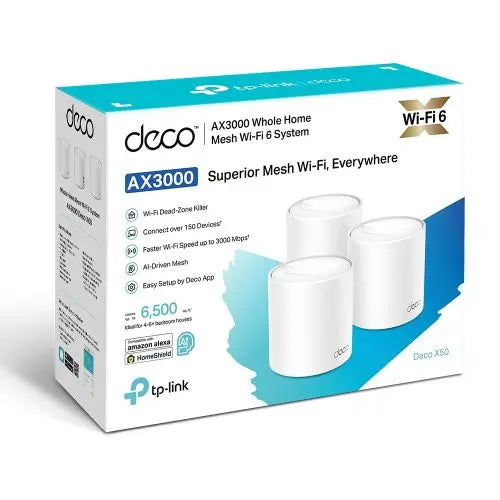 TP-LINK (DECO X50) AX3000 Dual Band Wireless Whole Home Mesh Wi-Fi 6 System, 3 Pack, 3x LAN, OFDMA & MU-MIMO, TP-Link HomeShield - HONORABLE VETERANS SOLUTIONS
