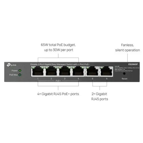 TP-LINK (ES206GP) Omada 6-Port Gigabit Easy Managed Switch with 4-Port PoE+, 6x GB Ports, Metal Casing - HONORABLE VETERANS SOLUTIONS