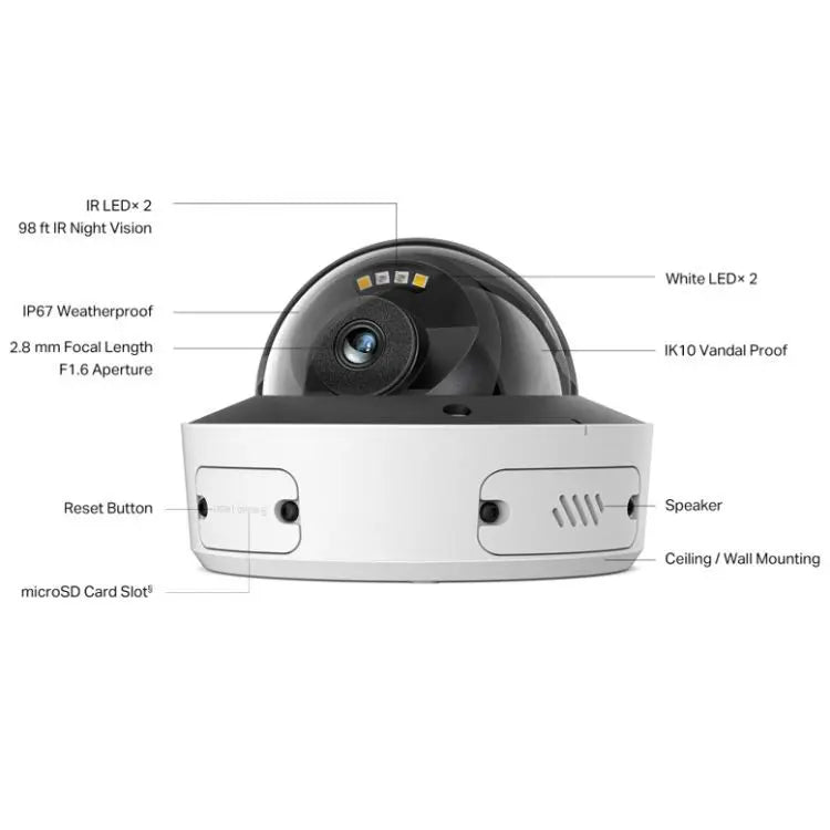 TP-LINK (InSight S285 2.8MM) VIGI 8MP Outdoor Full-Colour Dome Network Camera w/ 2.8mm Lens, IP67, PoE, AI Detection/Classification, Two-Way Audio, H.265+ - HONORABLE VETERANS SOLUTIONS