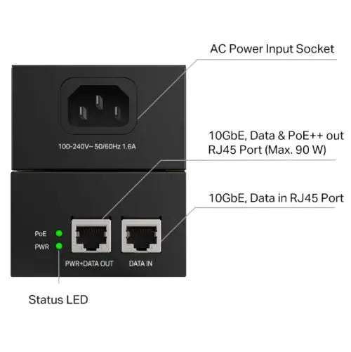 TP-LINK (POE380S) Omada 90W 10G PoE++ Injector, 2x 10Gbps Ports, Up to 90W, Wall-Mounting/Desktop - HONORABLE VETERANS SOLUTIONS