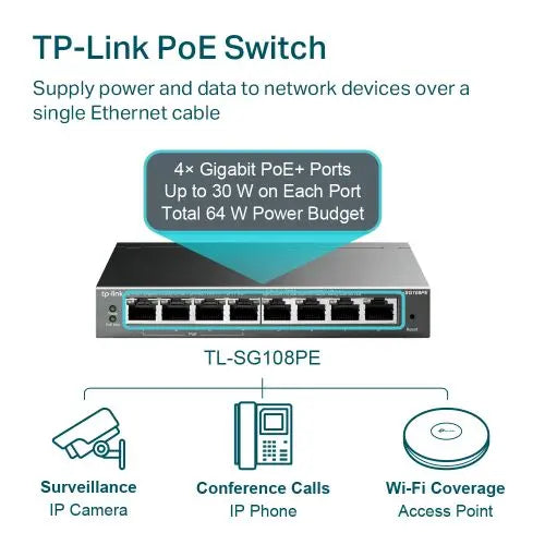 TP-LINK (TL-SG108PE) 8-Port Gigabit Easy Smart Switch with 4-Port PoE+, Steel Case - HONORABLE VETERANS SOLUTIONS
