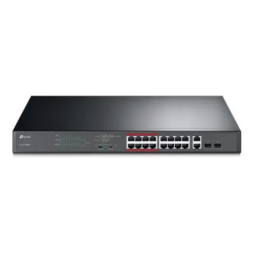 TP-LINK (TL-SL1218MP) 16-Port 10/100Mbps + 2-Port GB Unmanaged PoE Switch, 2 combo GB SFP Slots, 16-Port PoE, Rackmountable - HONORABLE VETERANS SOLUTIONS