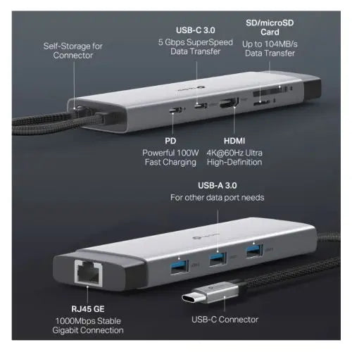 TP-LINK (UH9120C) 9-in-1 USB-C Hub - 1x USB-C (PD 100W), 1x USB-C 5Gbps, 3x USB-A 5Gbps, 1x HDMI, 1x LAN, SD/microSD, Mains Powered - HONORABLE VETERANS SOLUTIONS