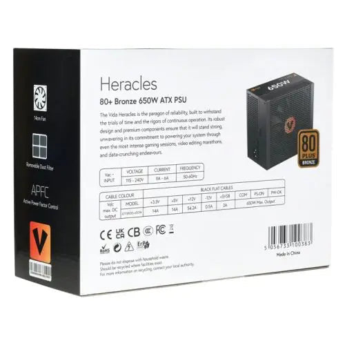 Vida 650W Heracles Black ATX Gaming PSU, 80+ Bronze, 140mm Ultra-Quiet FDM Fan, Flat Black Cables, Power Lead Not Included - HONORABLE VETERANS SOLUTIONS