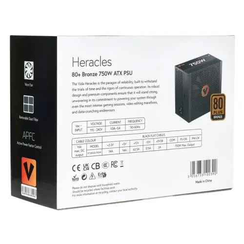 Vida 750W Heracles Black ATX Gaming PSU, 80+ Bronze, 140mm Ultra-Quiet FDM Fan, Flat Black Cables, Power Lead Not Included - HONORABLE VETERANS SOLUTIONS