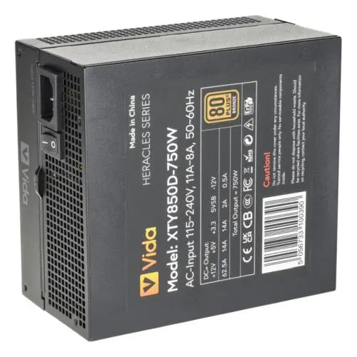 Vida 750W Heracles Black ATX Gaming PSU, 80+ Bronze, 140mm Ultra-Quiet FDM Fan, Flat Black Cables, Power Lead Not Included - HONORABLE VETERANS SOLUTIONS